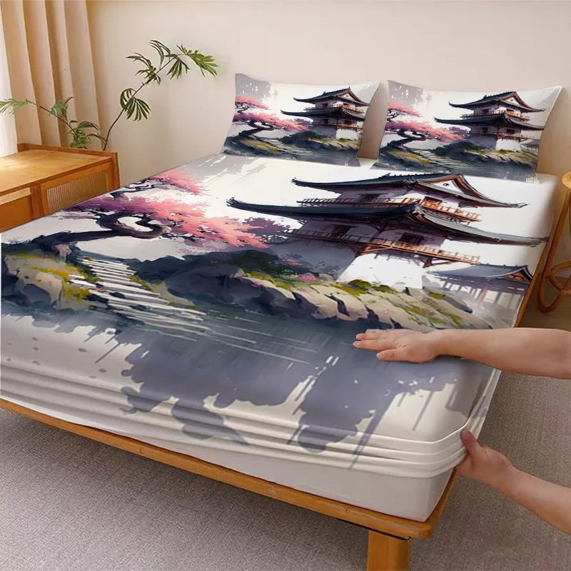 Ink painting style Japanese garden cherry blossom ancient house fitted sheet 2D digital print three-piece bedding set (includes 1 fitted sheet + 2 pillowcases) mattress protector, fitted sheet elastic style, protective cover, mattress protector, fitted sheet bedding