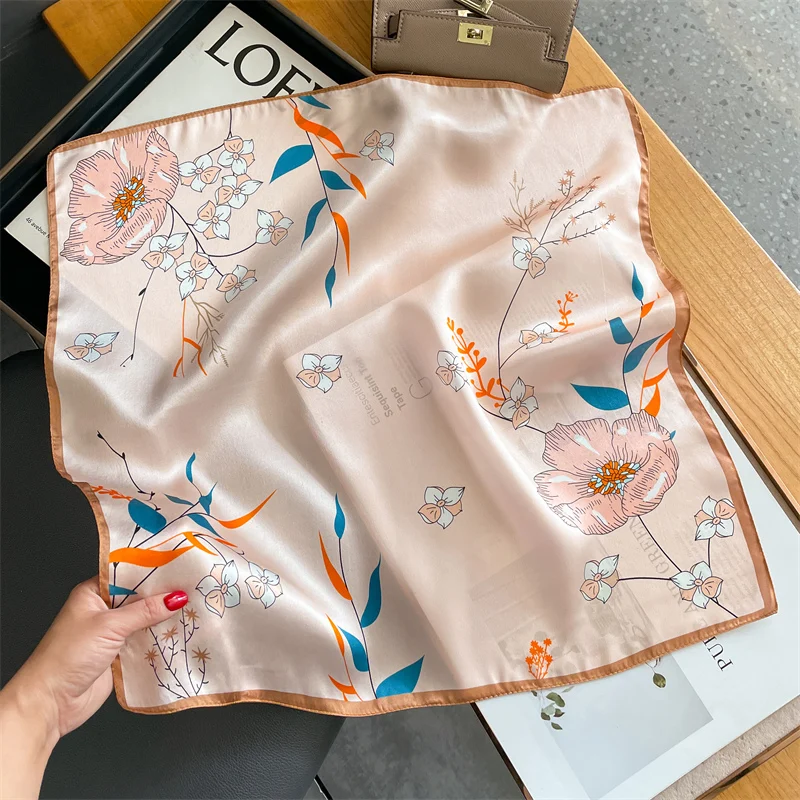 

New 100% Real Silk Satin Women Scarf 2025 Flower Printed Foulard Femme Square Head Scarfs Bandana Shawl For Lady Hijab
