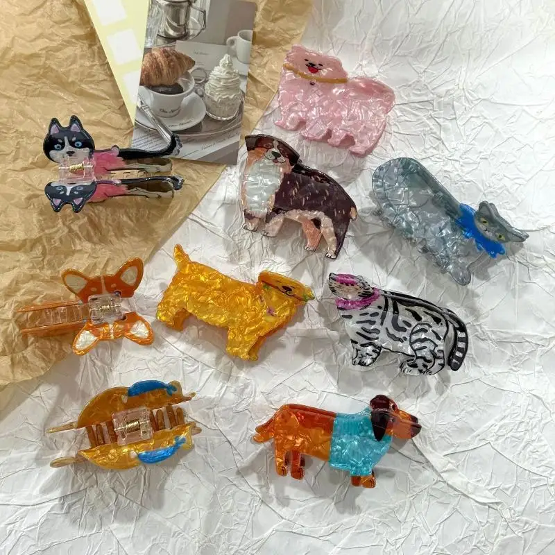 1 Stück Niedliche Cartoon-Acryl-Haarspange mit Hund-, Katzen- und Hai-Motiv für Frauen, Trendige Geometrische Haarspangen, Haarnadeln, Haaraccessoires, Geschenke – Detail 1