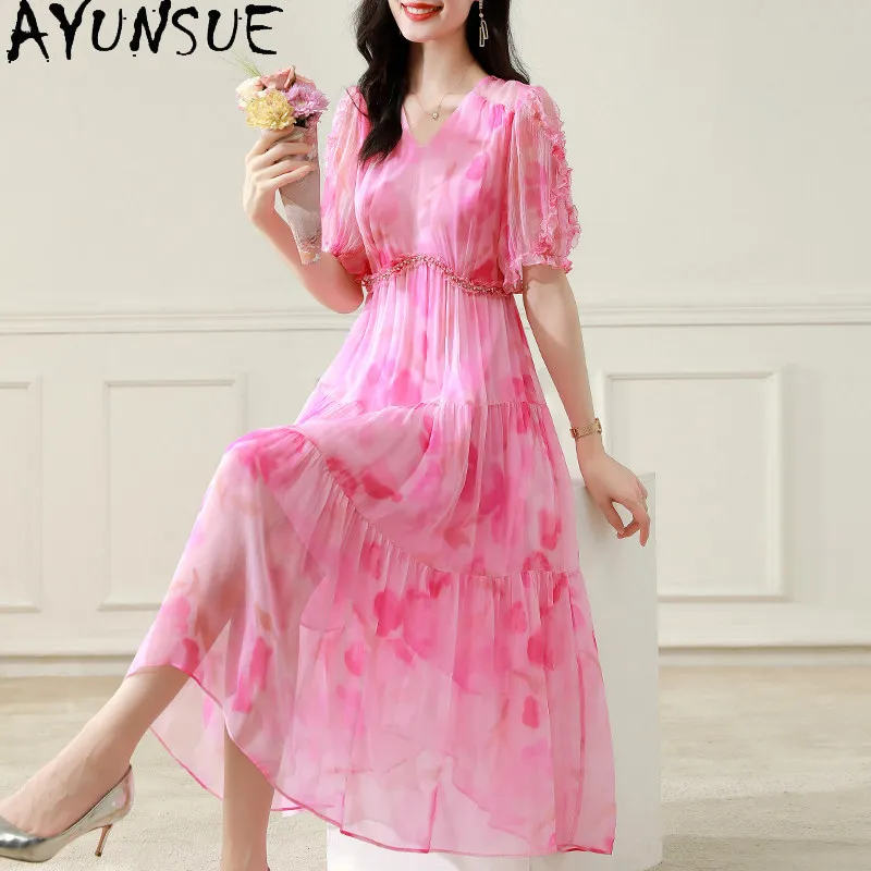 

AYUNSUE 100% натуральное шелковое платье из тутового шелкопряда для вечеринок, модное летнее платье, элегантные платья для женщин, длинный фасон, женское платье