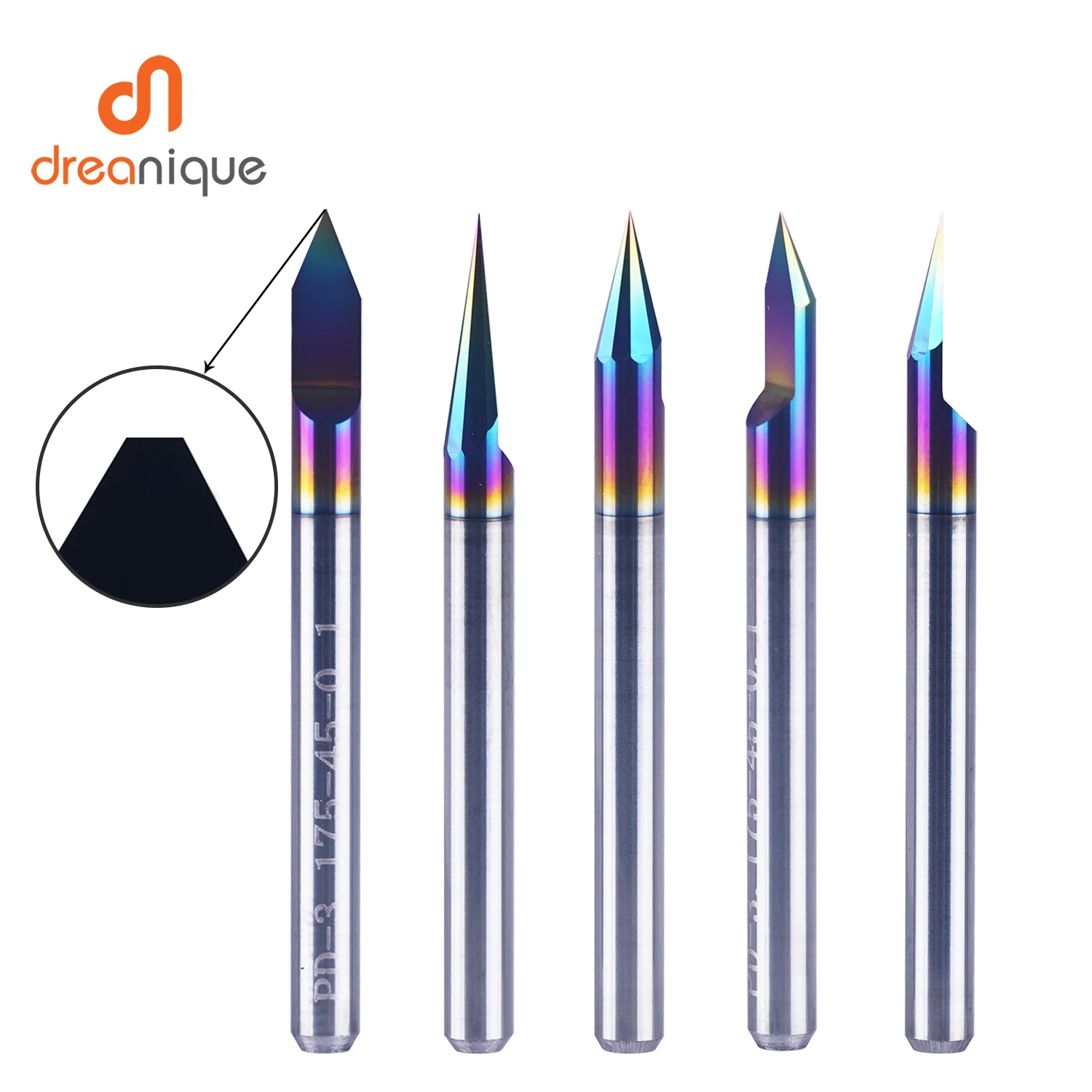Dreanique 1 قطعة مسطحة القاع كربيد PCB لقمة نحت 3.175 مللي متر عرقوب DLC المغلفة 30 60 90 درجة 0.1 0.2 0.3 مللي متر تلميح الخامس الأخدود بت أداة