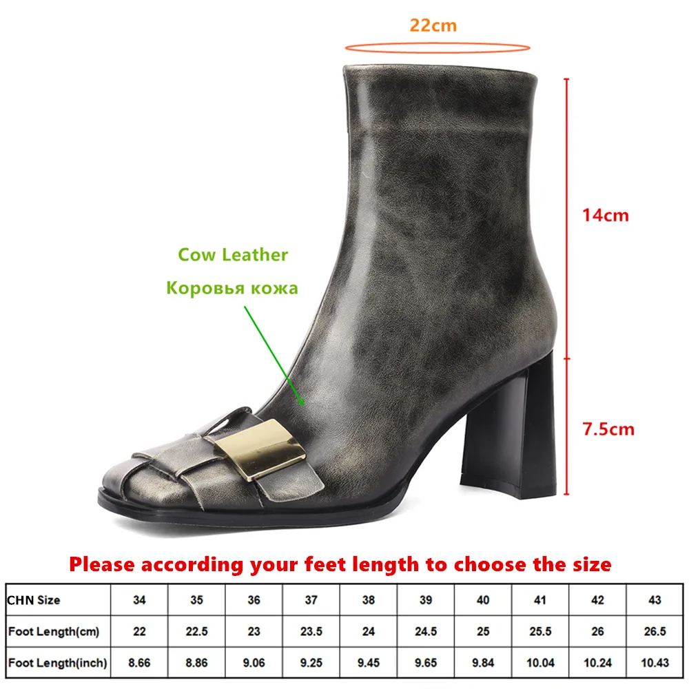 Aucegi New Design Genuine Leather Women Ankle Boots Fashion Square Toe Zipper Block High Heel Casual Daily Handmade Shoes