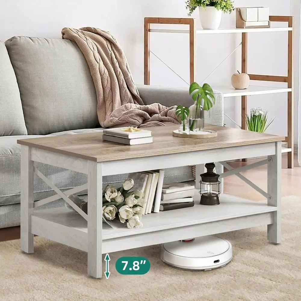 طاولة قهوة حديثة على طراز المزرعة مع مساحة تخزين، طاولة خشبية مكونة من طبقتين لغرفة المعيشة، لمسة نهائية باللون الرمادي