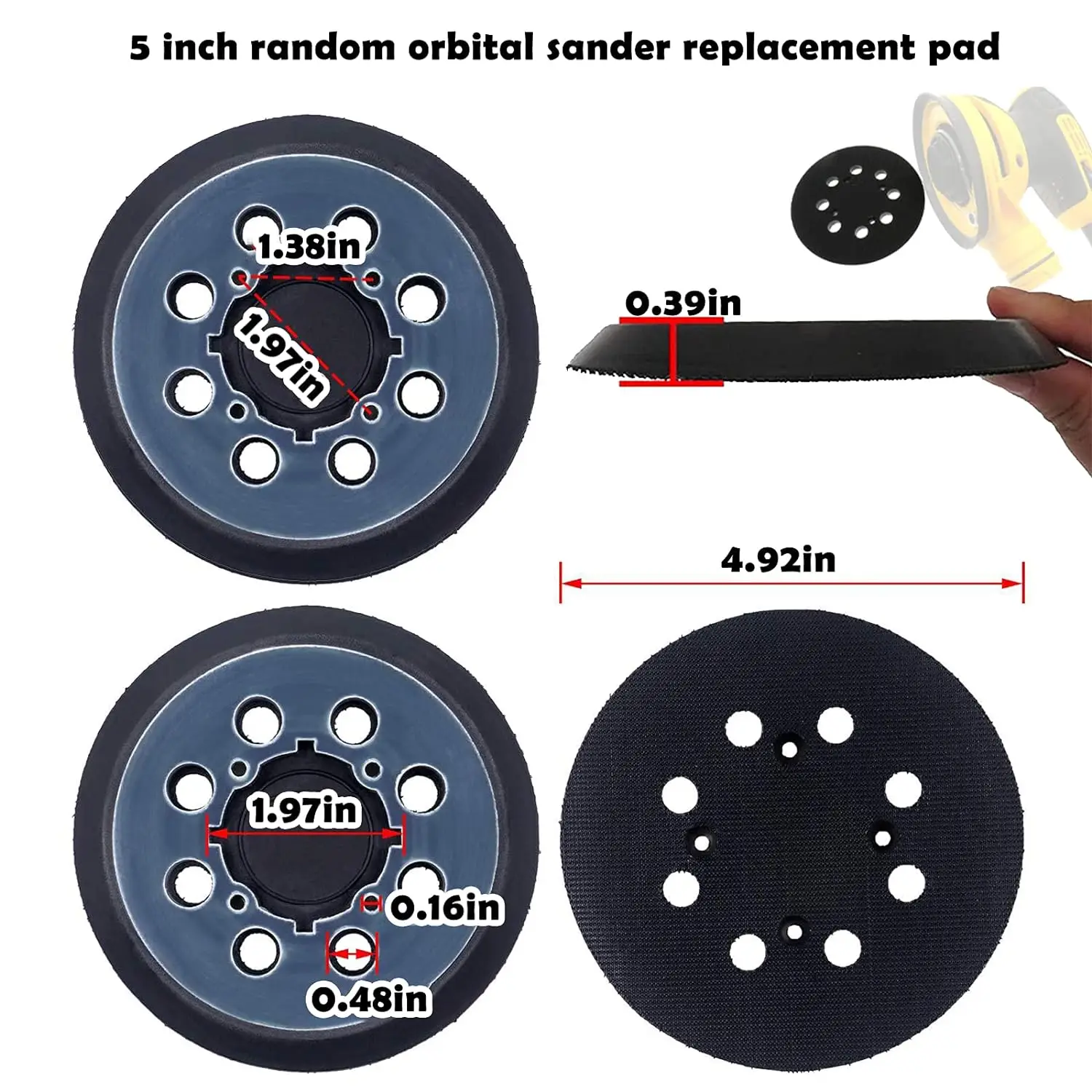 Almohadillas de repuesto de gancho y bucle, paquete de 2 LIJADORA Orbital aleatoria de 5 pulgadas y 8 orificios, Compatible con DWE64233 y N329079