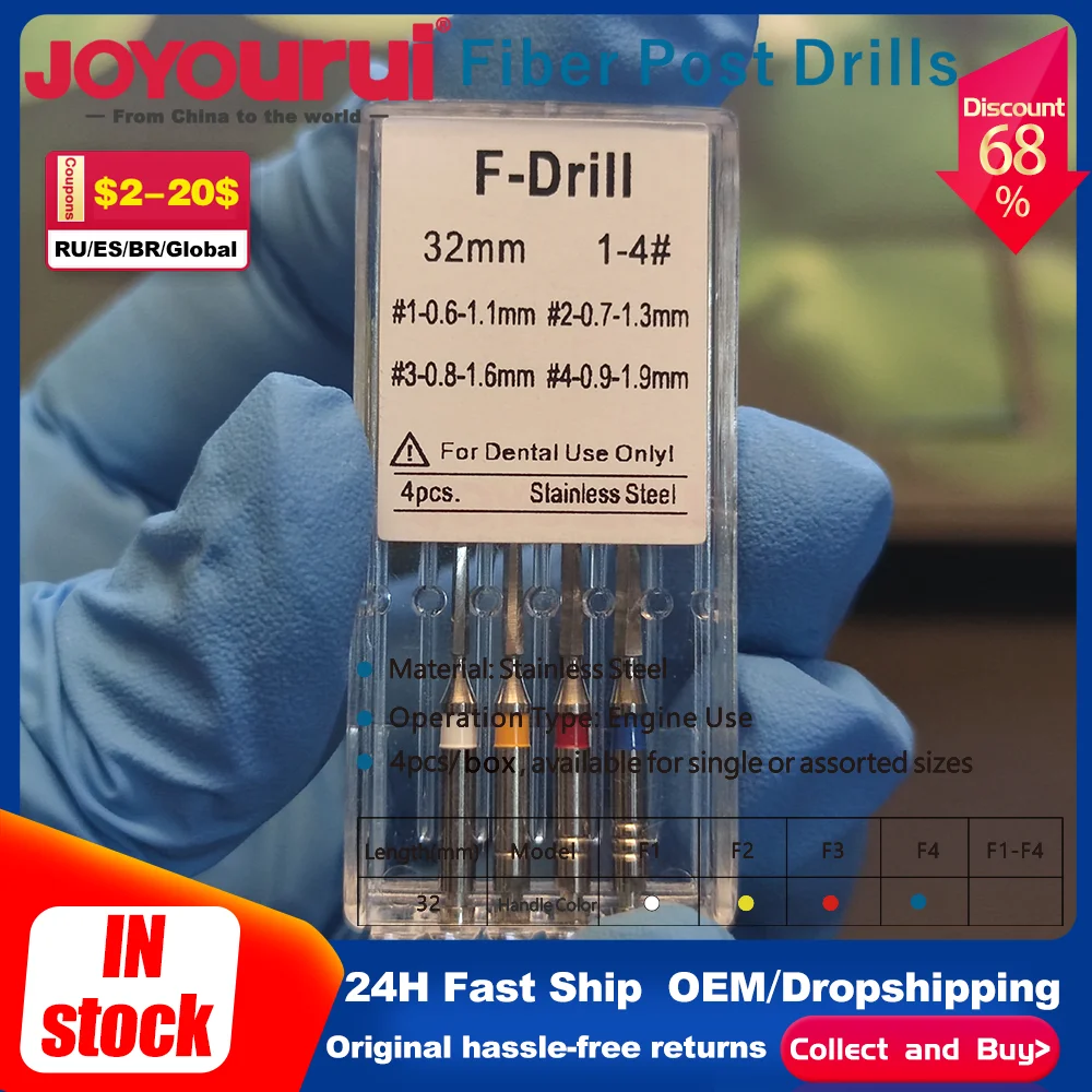 

4pcs/pack 32mm Dental Drills for Fiber Post 32mm Stainless Steel 1-4# Endodontics Files for Dentistry endodontia dentaire Tools