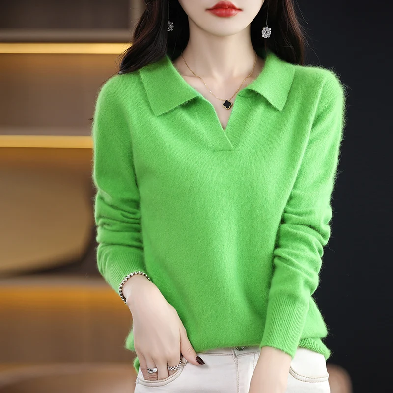 100% Mink Cashmere Soft Sweater Women Polo Collar Pullover Casual Knit Sweater Autumn Winter Warm Solid Color Long Sleeve Top