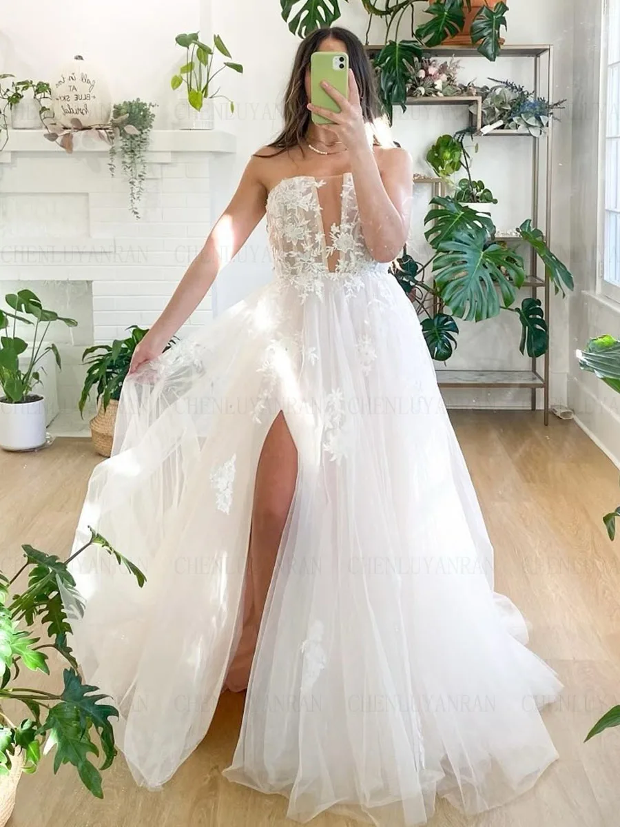 

Bohemia Tulle Wedding Dresses For Women Ivory Long Wedding Dress Strapless Slit Sexy Dresses For Women 2023 فستان حفلات الزفاف