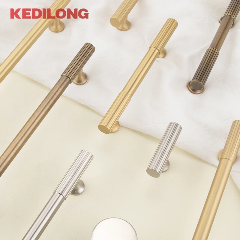 KEDLO European Luxury Solid Brass Gold Long Handle Vertical Pattern Vintage Bronze Knob Cabinet Drawer Nickel Brushed Handle