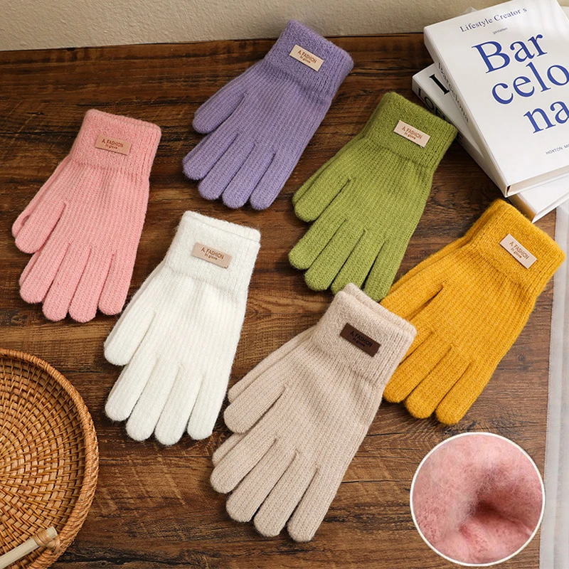 

1 Pair Winter Warm Gloves Women Touch Screen Gloves Finger Holes Fashion Solid Color Knitted Gloves Inner Plush Mittens Gift