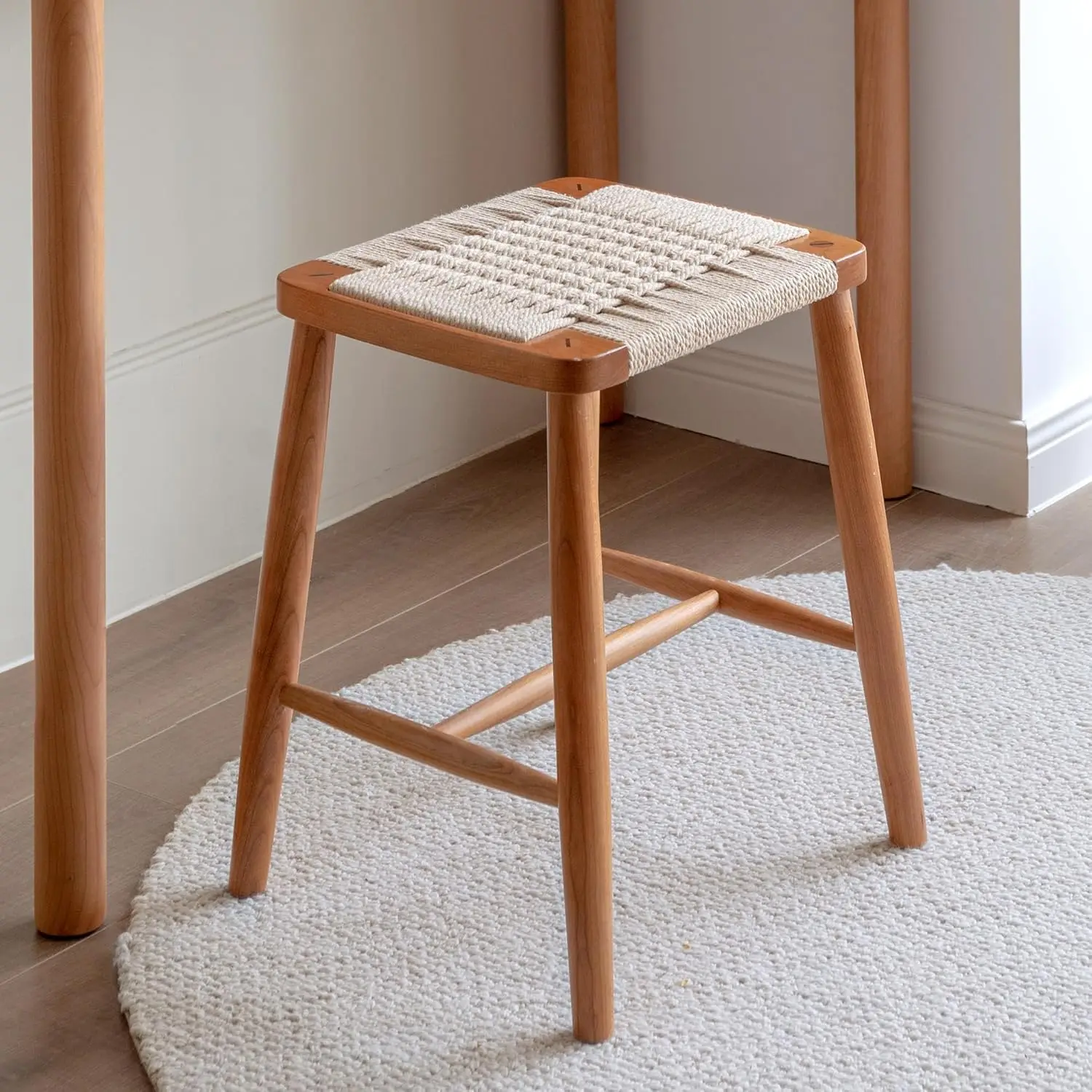 솔리드 오크 팜하우스 현관 스툴, 로프 직조 벤치 시트, 나무 발판(내추럴, 11.8' D x 13.8' W x 17.7' H)