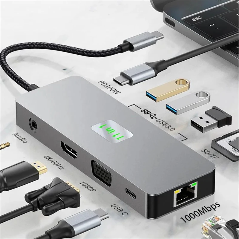 

USB C 3.0 HUB Type C to Multi 4K HDMI Monitor Video Converter RJ45 Ethernet VGA PD Power Adapter Docking Station Laptop Splitter