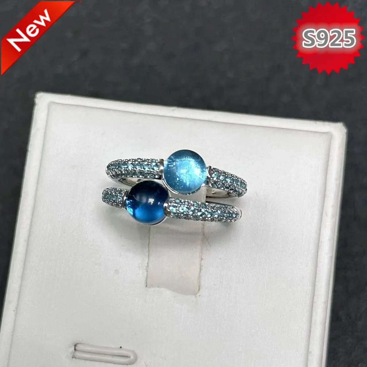 2pcs/set 6mm Round Ring S925 Plated 18K Platinum Candy Style Ring Inlay Blue Topaz Zircon Crystal Ring For Women Birthday Gift