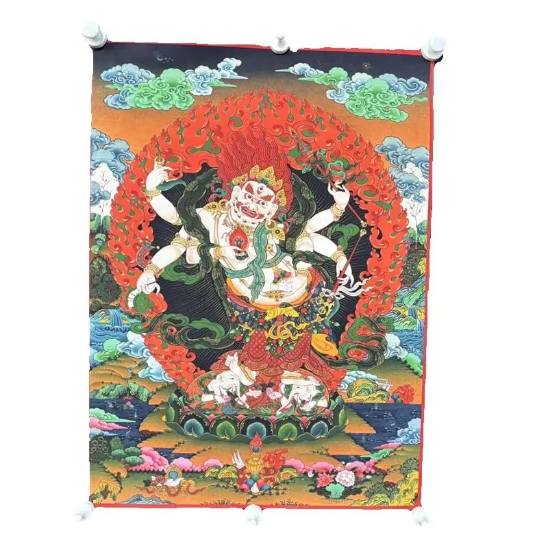 handmade-silk-tangka-art-white-six-armed-mahagala-tibetan-buddhism-wall-hanging-decor-fine-wall-painting-for-home-decor