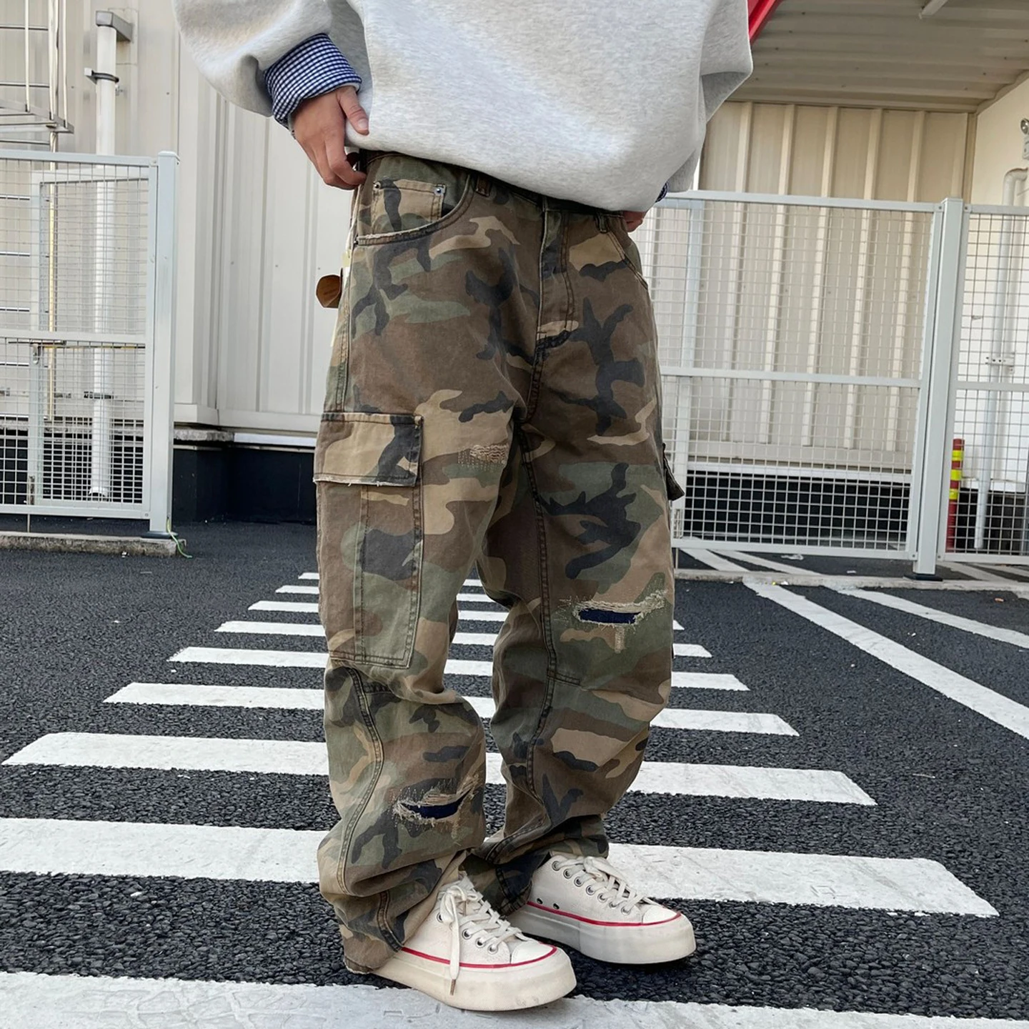 

Retro Waed Knife Cut Patch Loose Straight Leg Camouflage Pants Workwear Trousers Men's 99 Casual Cotton Autumn Wear