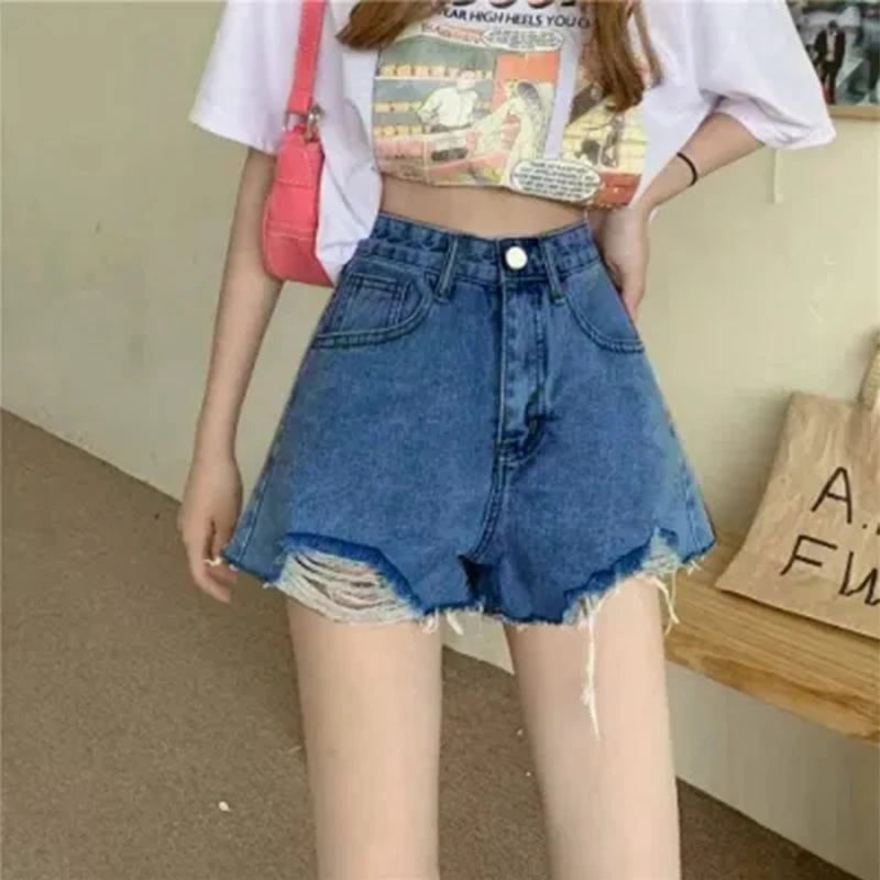 Women\'s Jeans Shorts Summer Woman Ripped High Waist Wigh Leg Jeans Shorts Casual Female Loose Denim Shorts 2024