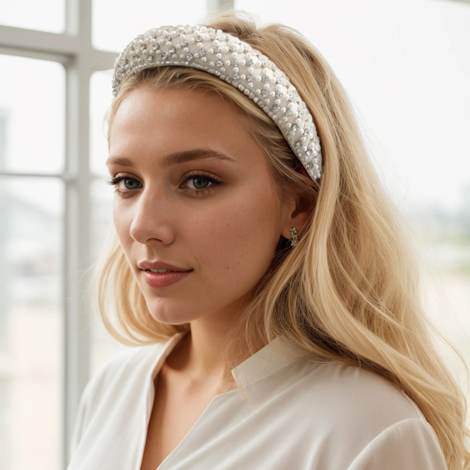 Pearl Headband White Crystal Hair Band Baroque Rhinestone Headbands for Women Girls Elegant Sponge Hair Hoop Hair Accessories