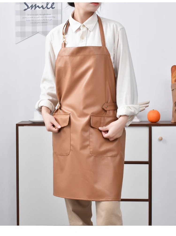 PU leather waterproof apron oil-proof home kitchen cooking simple style men and women fashion custom work waiter apron