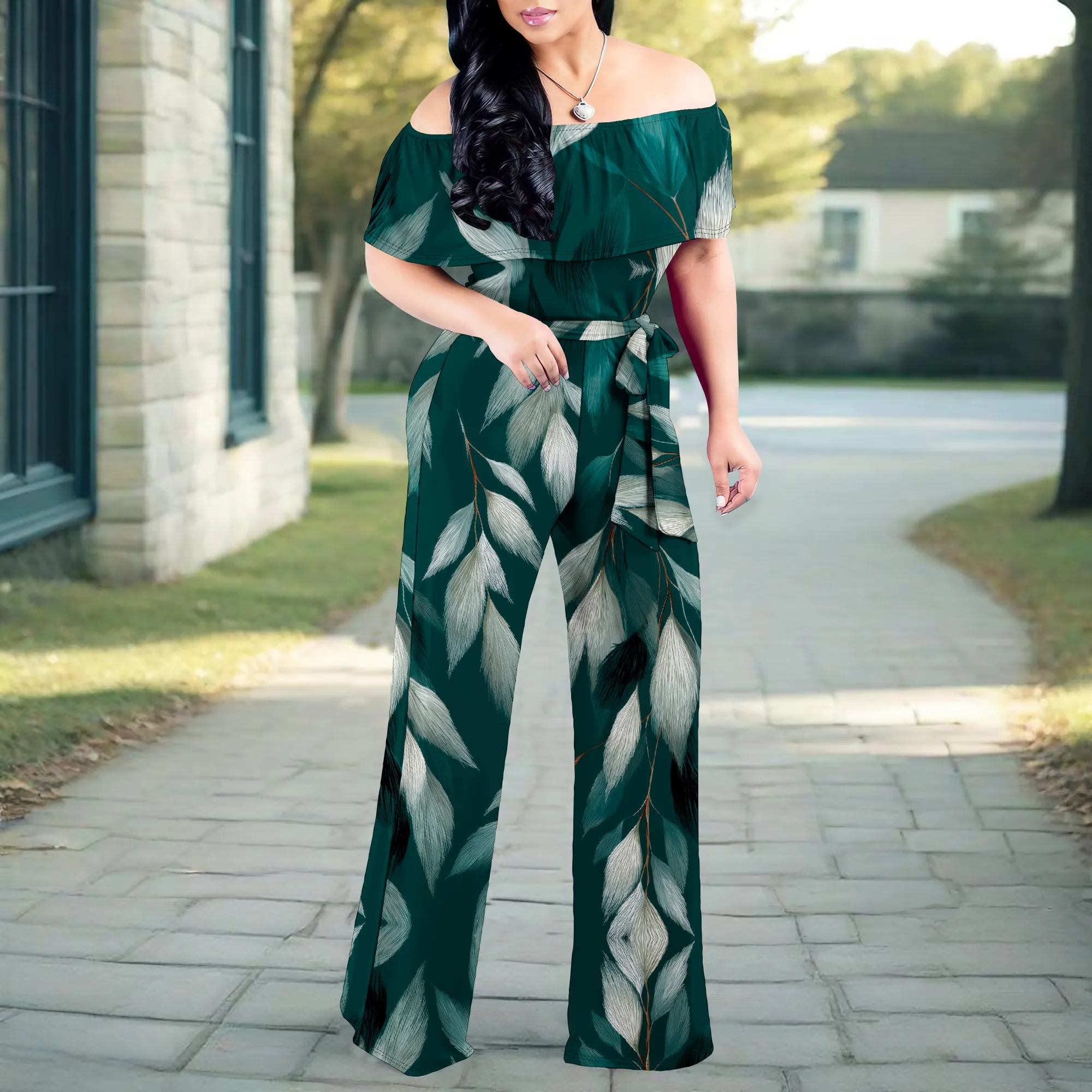 Geometric Color Block Off Shoulder Jumpsuit Women Wide Leg Belted Summer Casual Romper