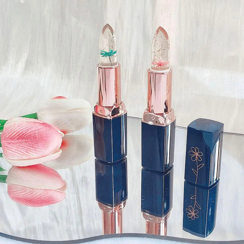 크리스탈 컬러 체인징 젤리 립스틱 롱래스팅 모이스처라이징 립밤 골드 포일 플라워 온도 변색 립밤