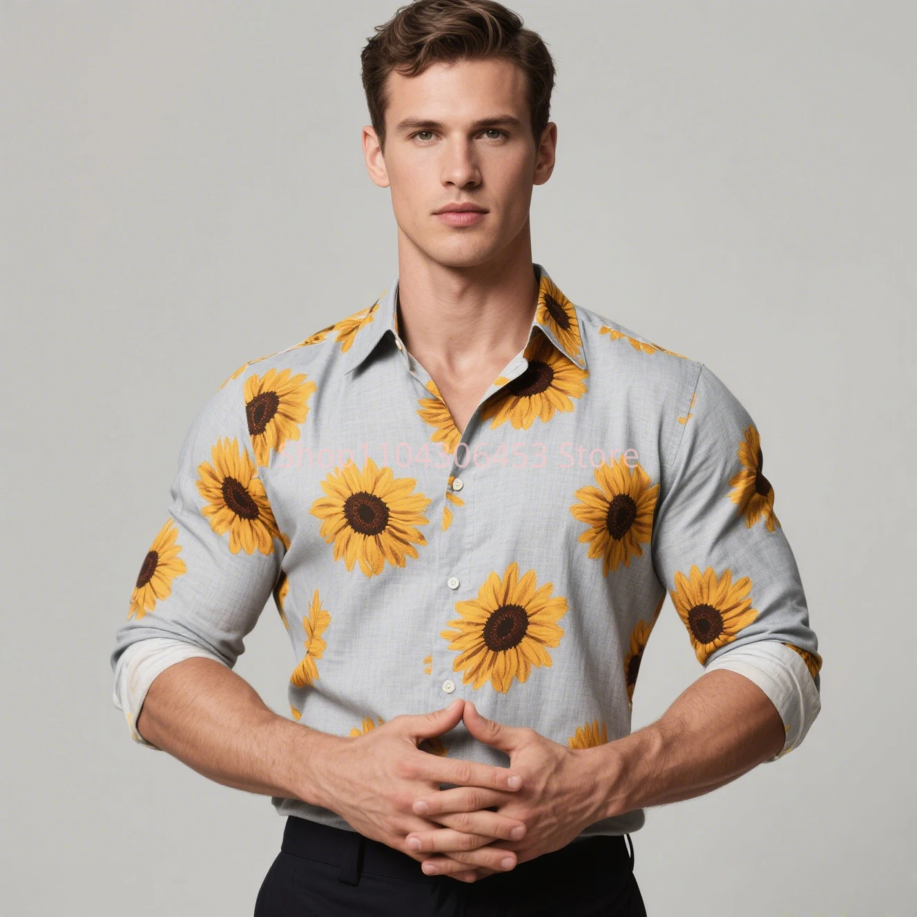 New Men's Festive Chrysanthemum 3D Print Original Design Shirt Hawaiian Vacation Casual Long-sleeved Lapel Shirt Business Simple