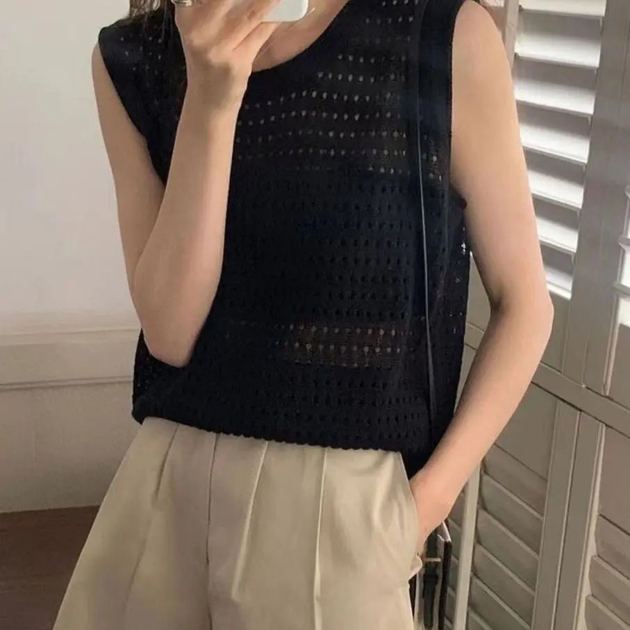 Yasuk Summer Casual Pullover Tank Women's Loose Knitted Top Gentle Bohemian Vacation Beach Hollow Out Vest Blouse Sun Protection