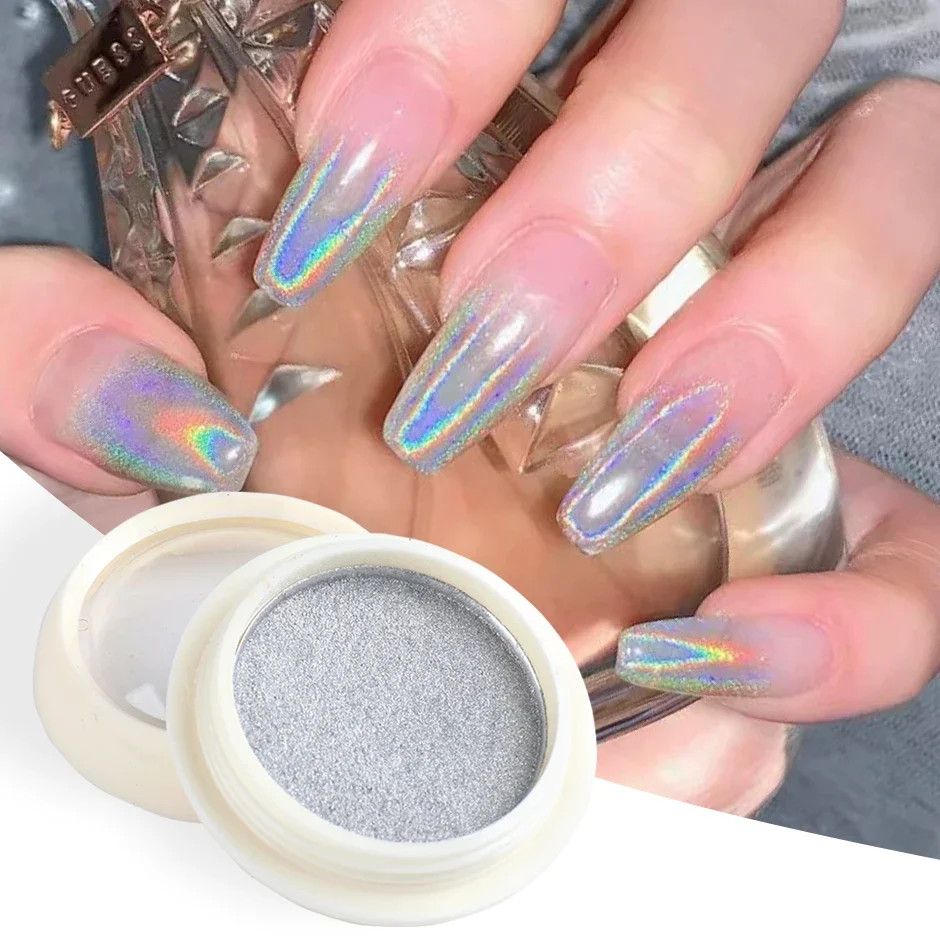 Holographic Chrome Solid Nails Powder Laser Metallic Glitter Rubbing Dust Silver Blue Pigment Iridescent Accessories Decoration