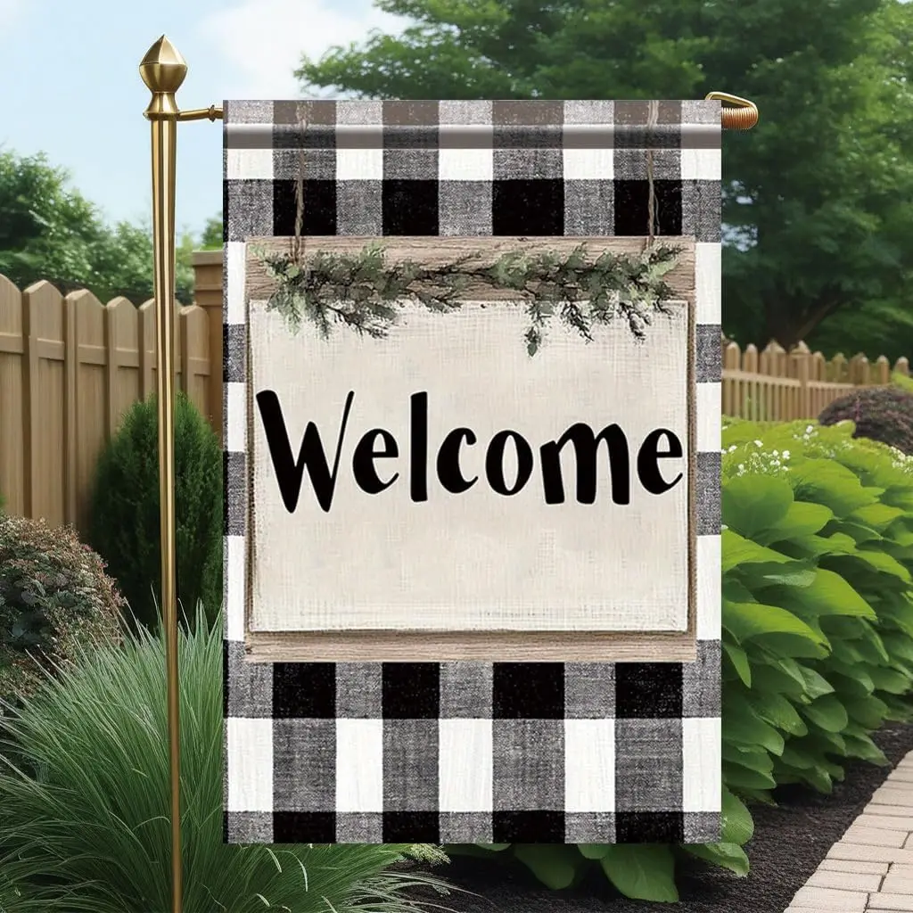 Buffalo Plaid Welcome Garden Flag 12x18 Inch Double Sided Outdoor Yard Banner Black and White Check Farmhouse Rustic Decor f SSL