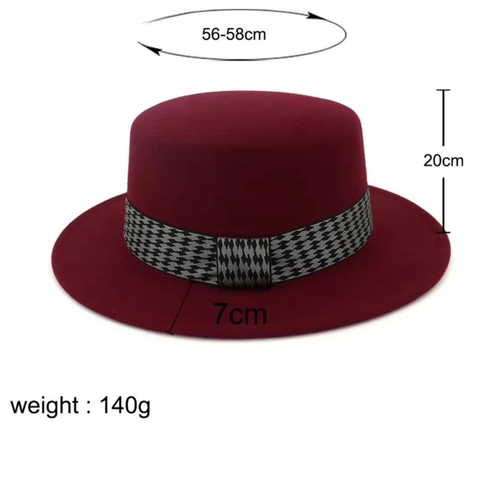 HOAREE レッドフェドーラ帽子女性のファッションデザインカンカン帽フェルト帽子とキャップフラットトップ千鳥格子柄ヴィンテージ女性帽子カーキ