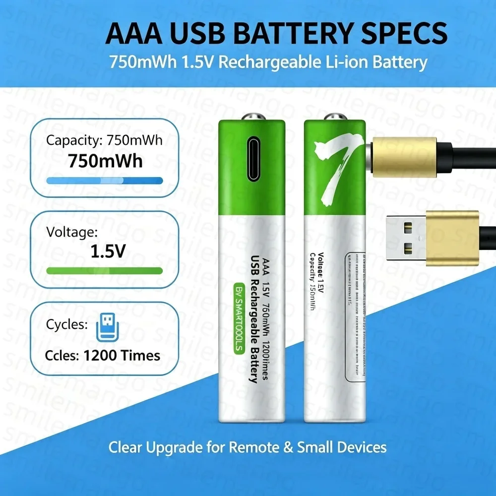 AAA 750mWh USB Rechargeable Li-ion Battery High Capacity for Remote Control Wireless Mouse Small Fan Electric Toys + Cable