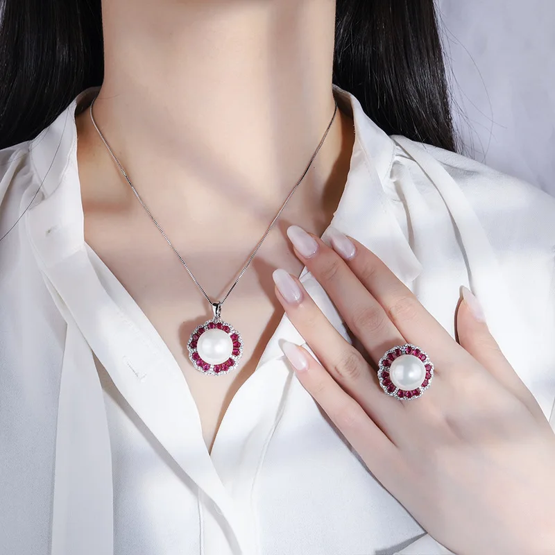 Jewelry Inlaid with White Shell Pearl Light Flower Stamen Women's Fashion Ring Pendant Set Wholesale Beads 16mm