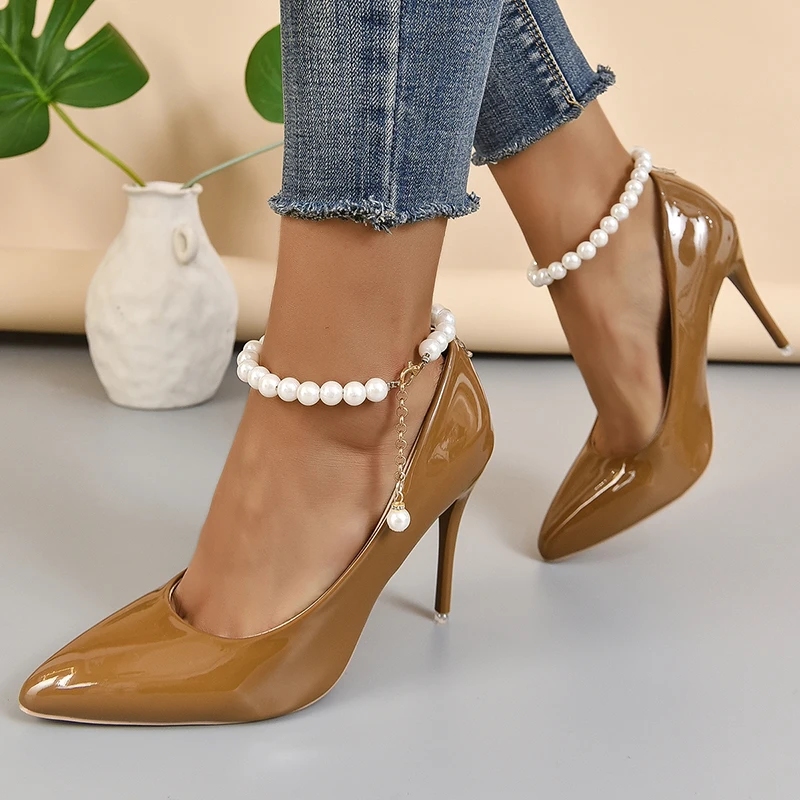 Big White Pearl Bead Chain 10cm Thin Stiletto Heels Women Pumps Brown Green Wedding Sexy Pointed Toe Buckle Strap Shoes Plus 45