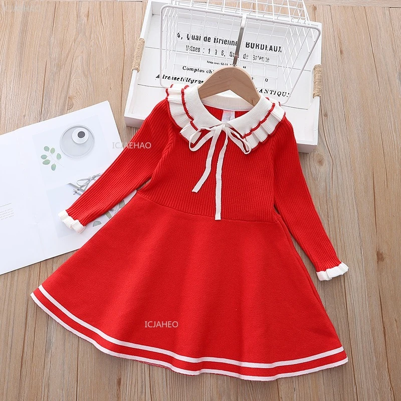 

Вязаное платье для девочек, праздничное платье трапециевидной формы, осенняя одежда, детская повседневная повседневная одежда, наряд для малышей, детский модный весенний костюм