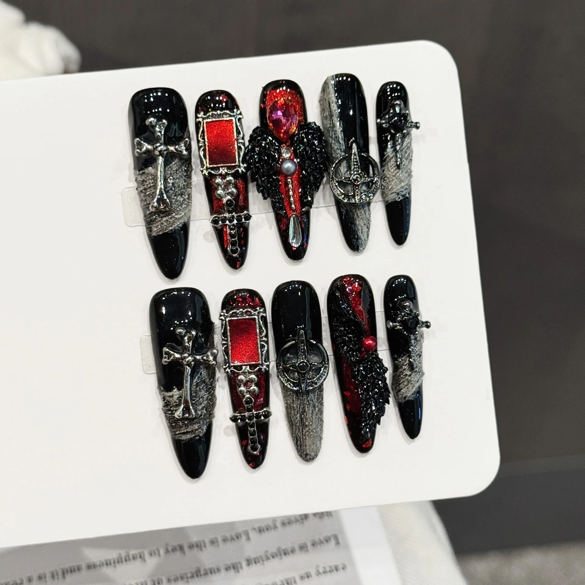 

Dark Gothic Trendy Press On Nails Blood Scripture Extra Long Stiletto Black-Red Gradient Metal Cross Blood Gem Heavy Duty Handma