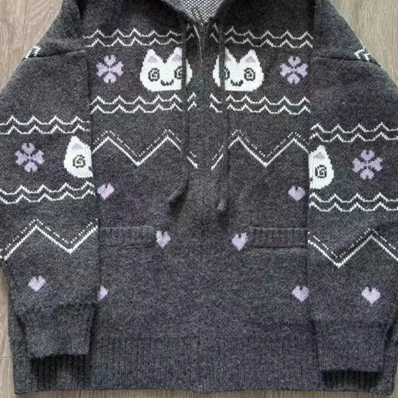 Sweet Cat Knit Sweater Women Spring Fall Jacquard Zip Cardigan Harajuku Y2K Cute Long Sleeve Hooded Preppy Style Casual Top