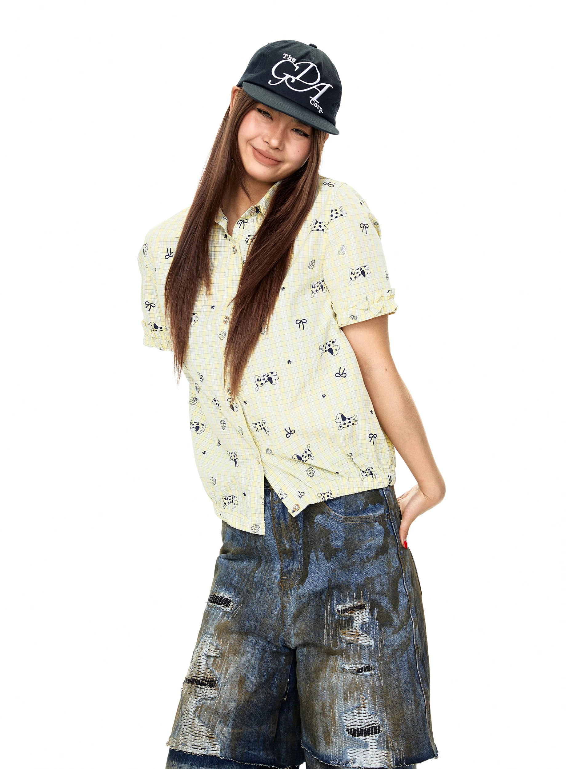 

Blackbb Spicy Girl Design Cartoon Dog Print Short Sleeve Casual Shirt Women's Summer American Retro Top Cotton Blend Fabric