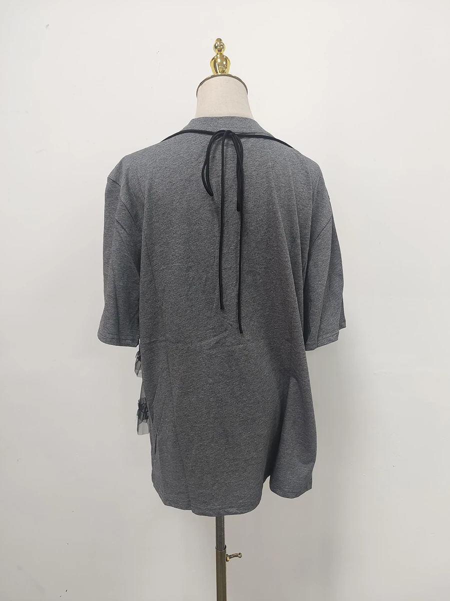 GALCAUR Colorblock Allentato Impiombato Perline Moda T-shirt per le donne Girocollo Maniche corte Patchwork Maglia Top Abbigliamento femminile Nuovo