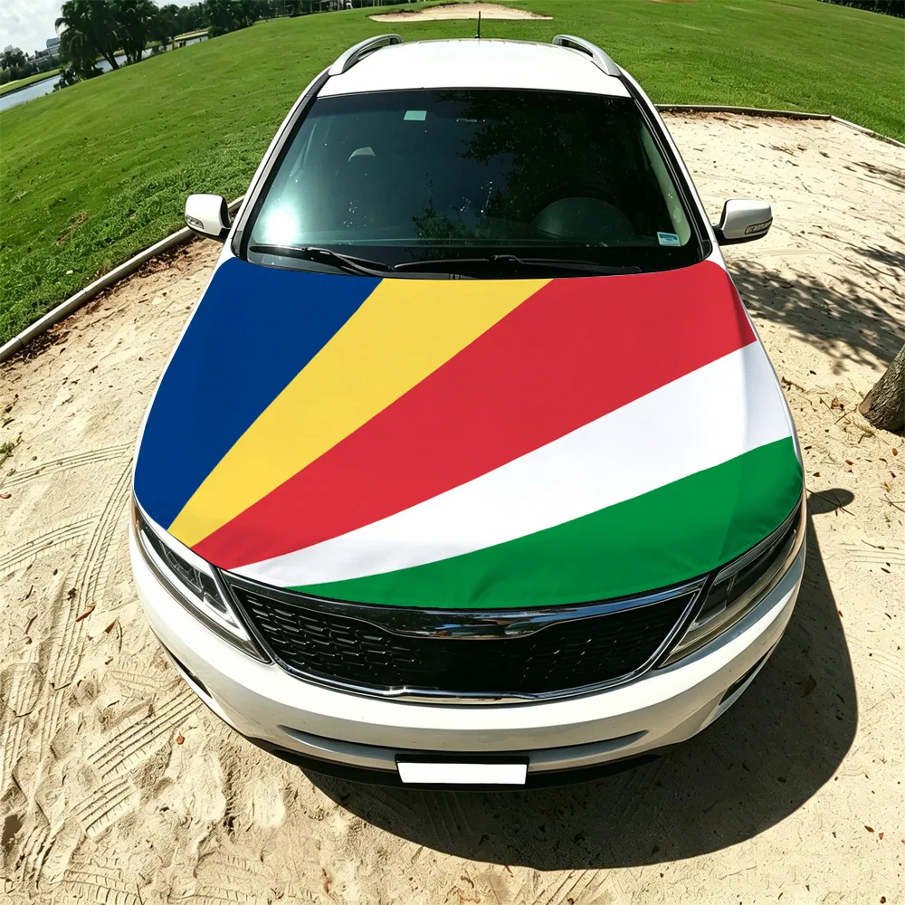 130x160cm Seychelles and Nevis Flag Car Hood Cover, Elastic Windproof Patriotic Bonnet Banner