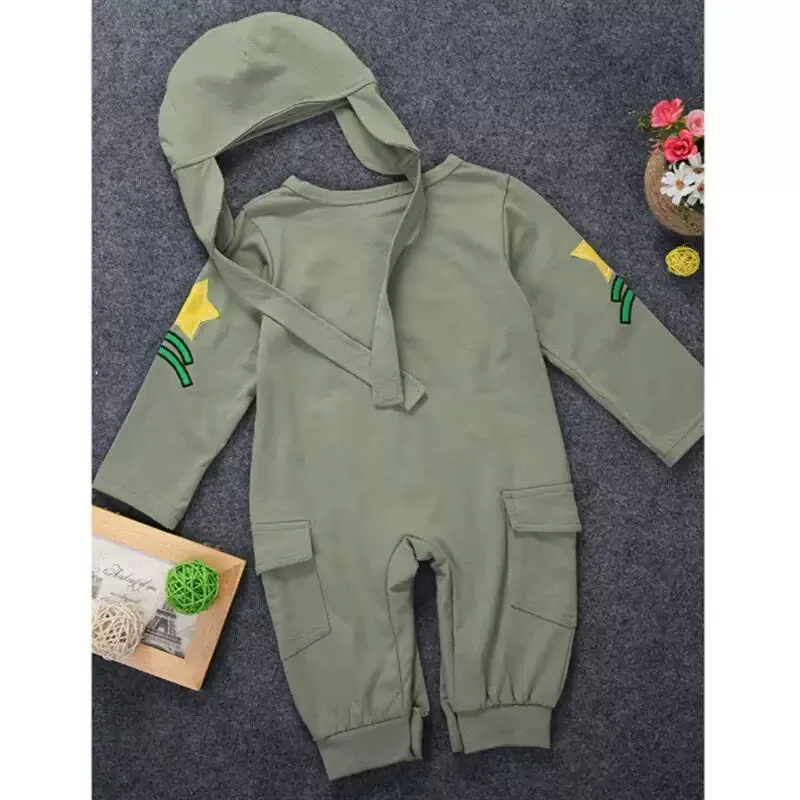 Newborn Aviator Costume Set: Cotton Baby Boy Pilot Jumpsuit with Hat, Long Sleeve Romper Bodysuit for Toddlers & Infants