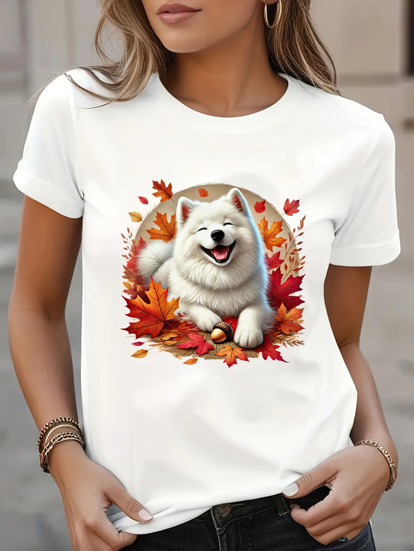Women's Casual Short Sleeve T-Shirt Samoyed Dog Autumn Leaves Geometric Print Semi-Sheer Round Neck Breathable