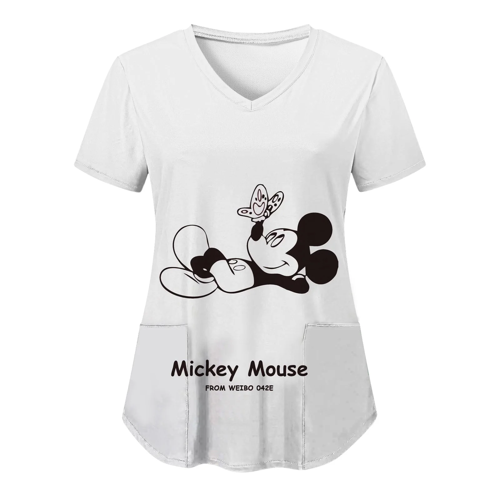 T-shirt à col en V Minnie Mouse pour femmes, vêtements pour femmes, uniforme d'infirmière, chemise Y-Disney, haut à poche, t-shi