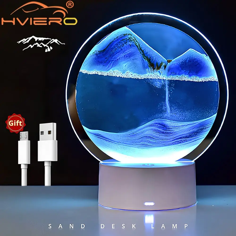 LED Quicksand Light Painted 6-color Table Lamp 3D Trend Moving Art Circular Glass Hourglass Bedside Home Decoration Nightlight