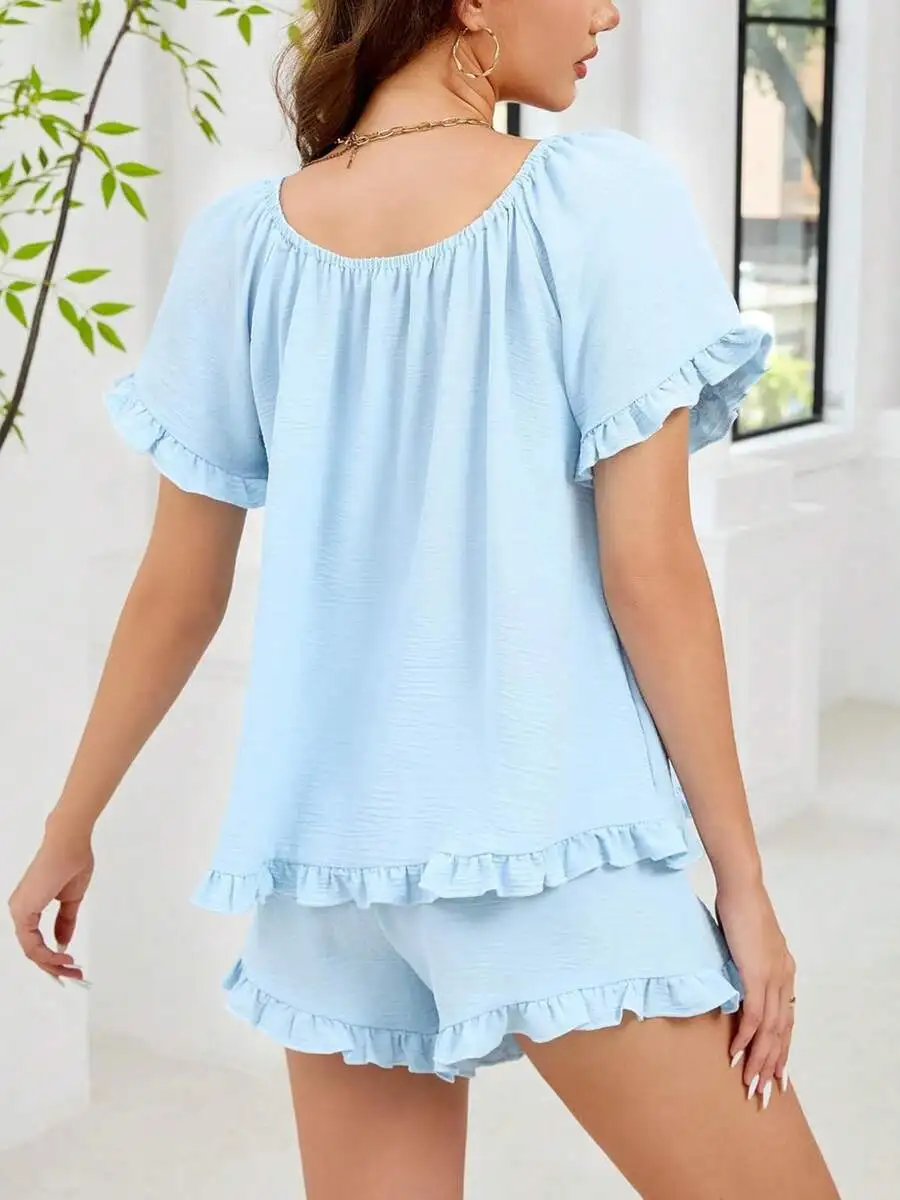 

Womens 2 Piece Soft Ruffle Pajama Set Short Sleeve Square Neck Sleepwear With Ruffled Hem