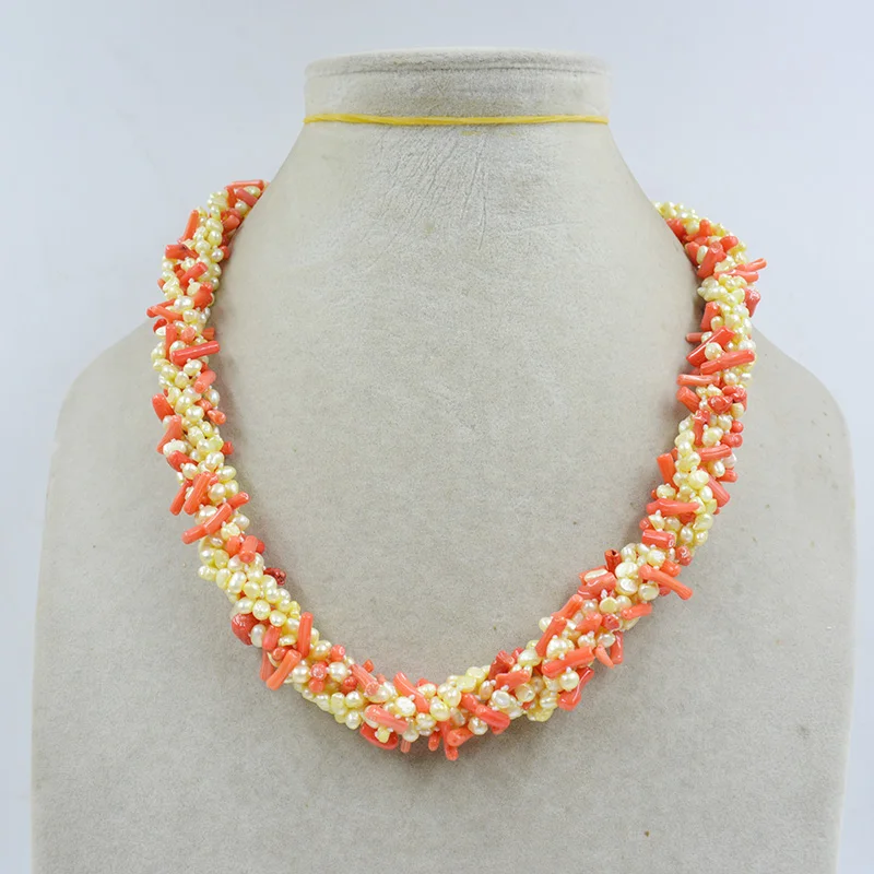 6 strands of natural 3MM baroque pearl and orange coral necklace. Latest design classic products 21 inch women wedding jewelry