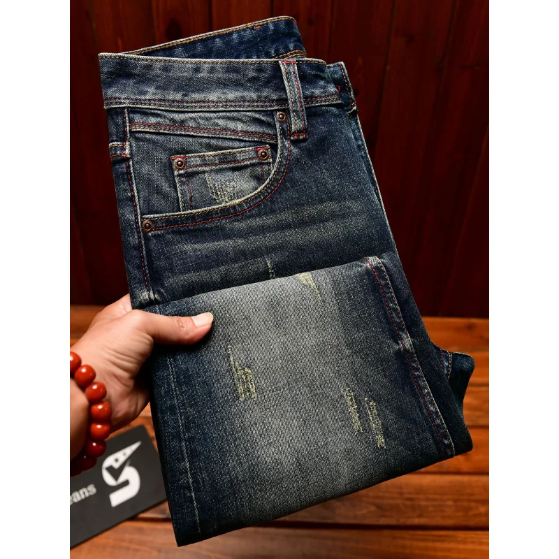 

2025 autumn new denim jeans men's washed retro nostalgic trend Korean version slim fit small leg elastic pants
