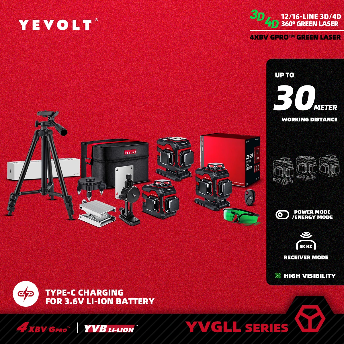 YEVOLT TL-YVGLL4XS-Series Green Laser Level 12/16-Line 3/4-Plane Self-leveling 360 3D/4D Power Measuring Tool-1M Tripod