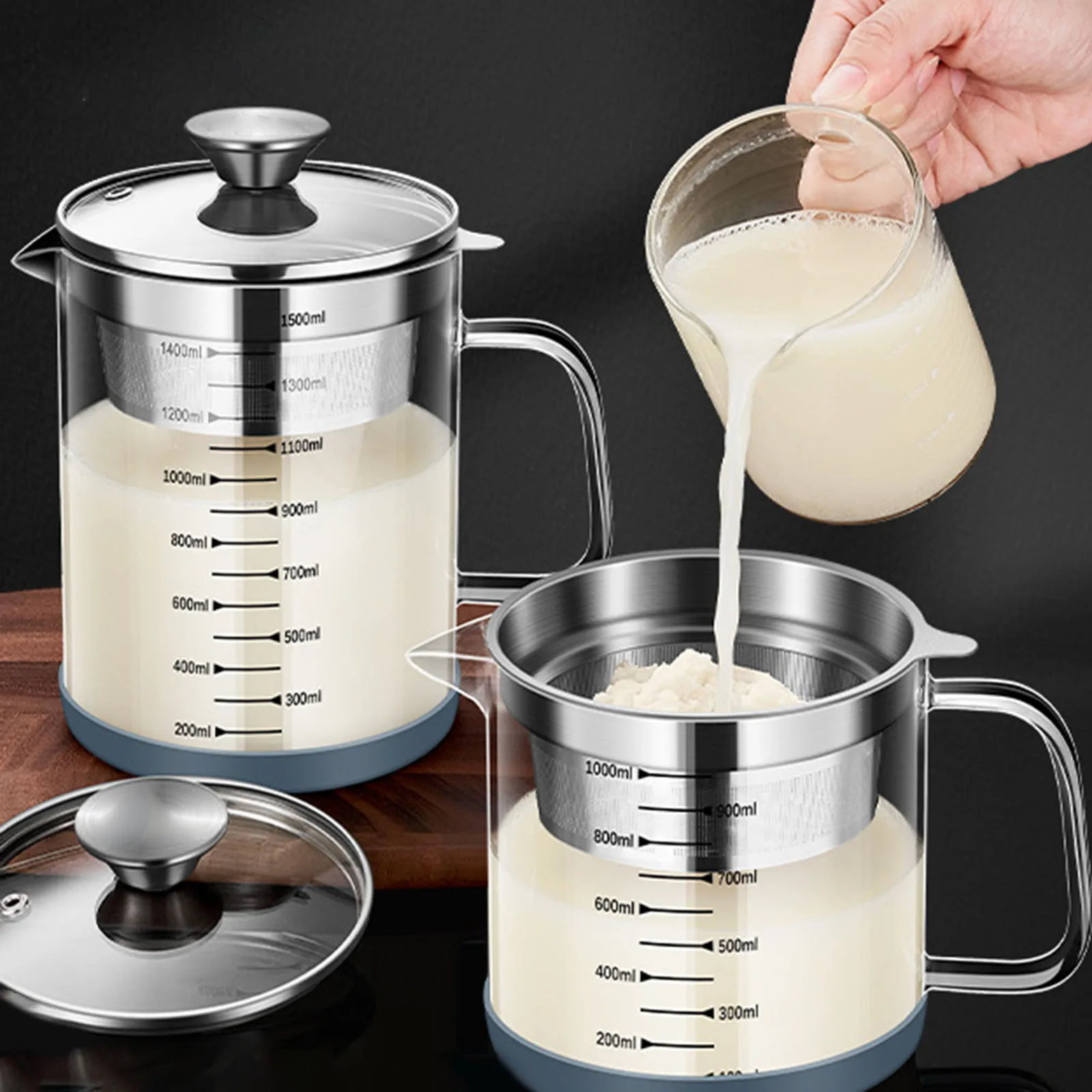 

1/1.5L Glass Oil Filter Pot Soy Milk Yogurt Strainer Glass Container Food Strainer with Scale