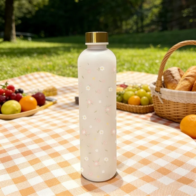 Garrafa de água com padrão floral impresso em 3D - grande capacidade de 1000ML, design estereoscópico bonito, resistente ao desbotamento, à prova de arranhões, Leakpro