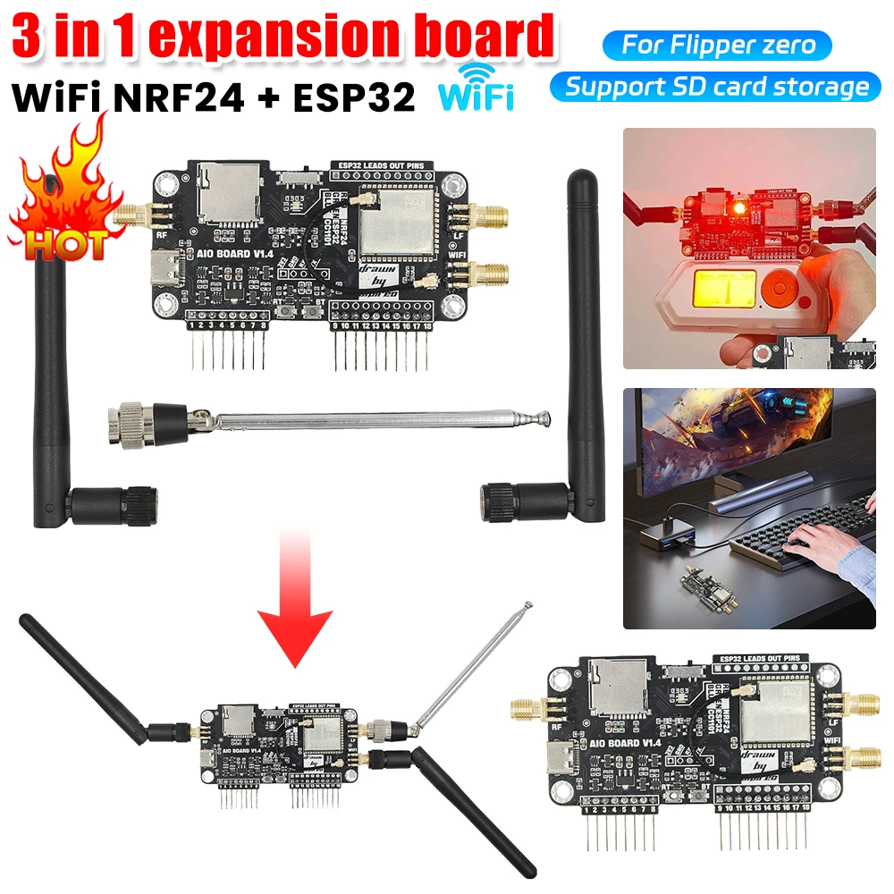 For Flipper Zero Multiboard Expansion Board 3 in 1 2.4G Module Expansion WiFi NRF24 + ESP32 Expansion High Gain CC1101 Module