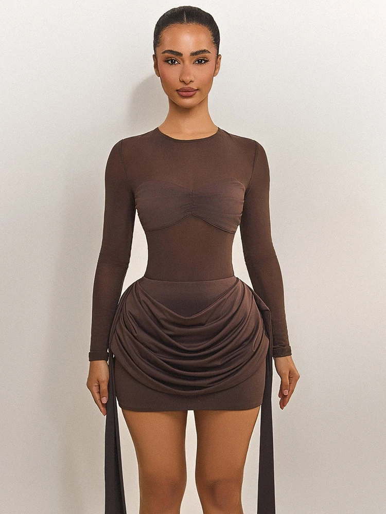 Mozision Long Sleeve High Waist Ruched Sexy Mini Dress Women Elegant Mesh Sheer Draped Skinny Club Party Dress Female Clubwear