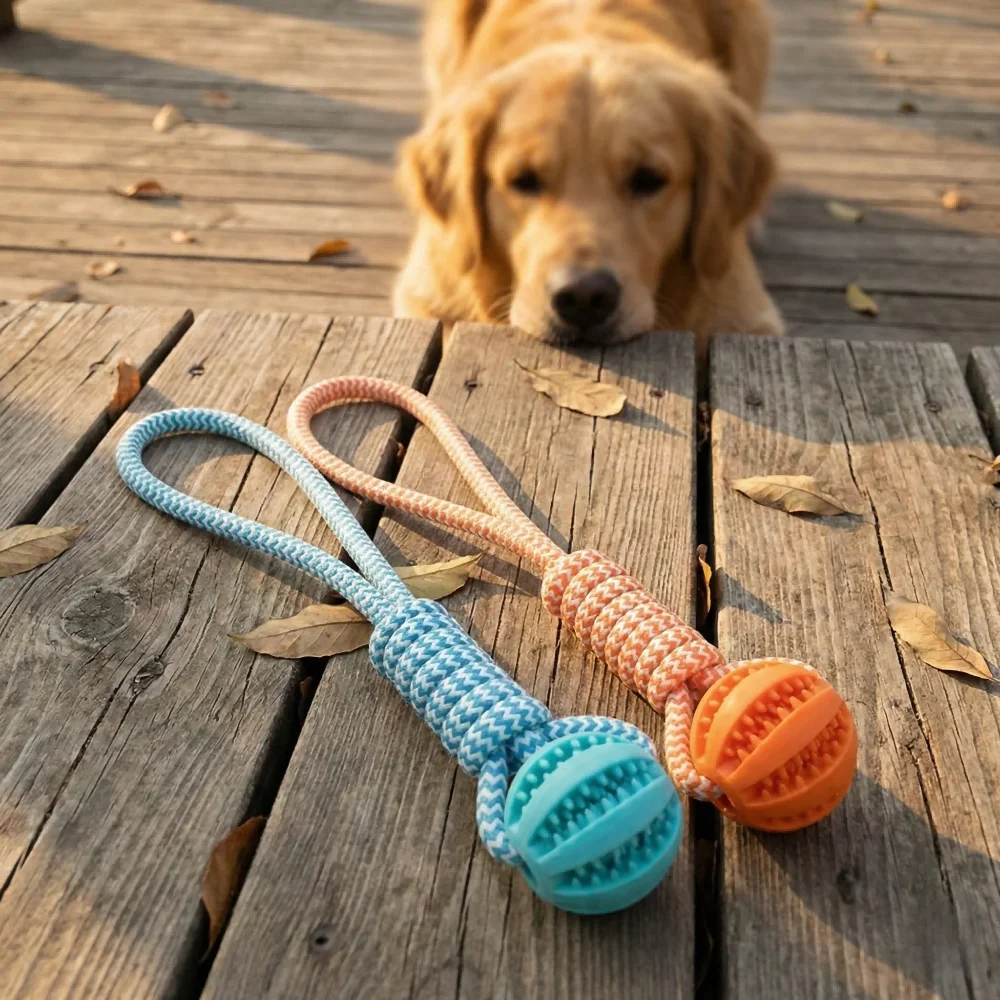 

1-Pack Dog Puzzle Toy with Rope Handle - 18×5cm Treat Dispensing Rubber Ball, Mental Stimulation Toy for Boredom Relief
